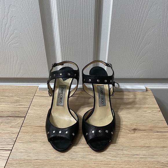 Jimmy Choo Black Leather Strap Studded Heels SZ:37 - Picture 1 of 12